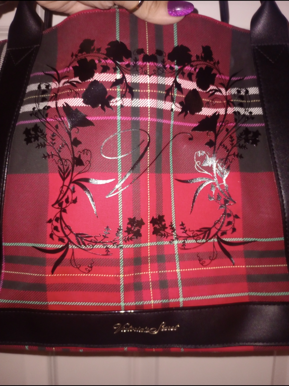 Victoria's Secret Red Plaid Tote with Black Trim and Floral Accent - Picture 2 of 4